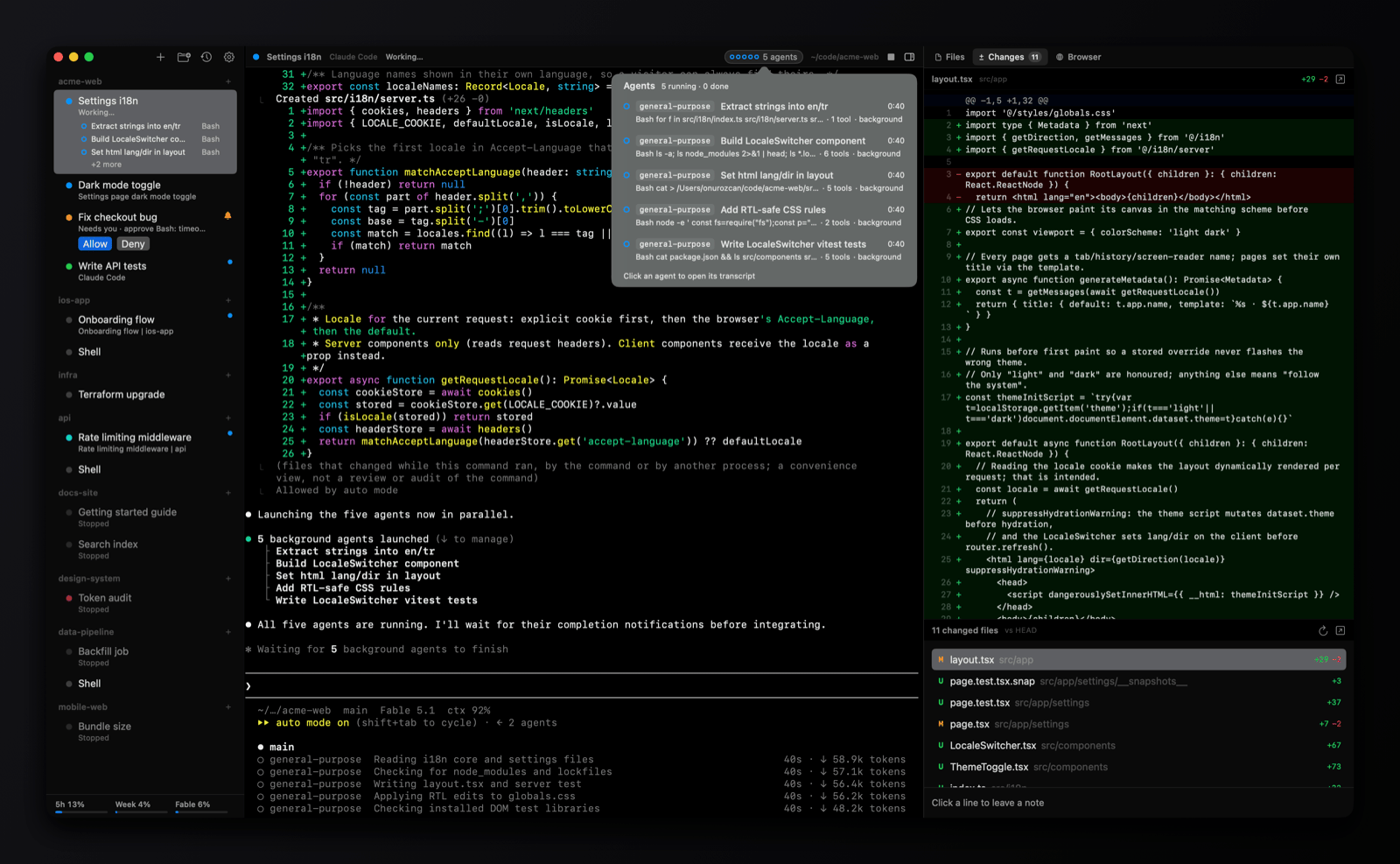 omux with eight projects in the sidebar, a session running five subagents, a session waiting on Allow or Deny, two Codex sessions, and the Changes tab showing the diff